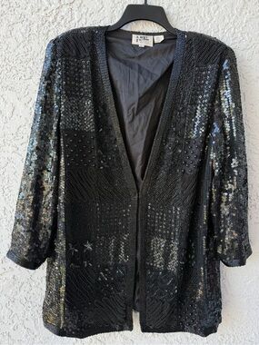 Niteline Vintage Womens Black Silk Beaded Sequined Jacket size XL 80’s